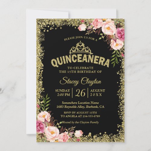Quinceanera 15th Birthday - Black Gold Pink Floral Invitation - Black Gold Glitters Pink Floral Quinceanera 15th Birthday Party Invitation. 
(1) For further customization, please click the "customize further" link and use our design tool to modify this template. 
(2) If you need help or matching items, please contact me.