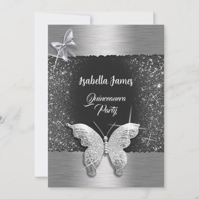 Quinceañera 15th birthday black silver foil chic invitation (Front)