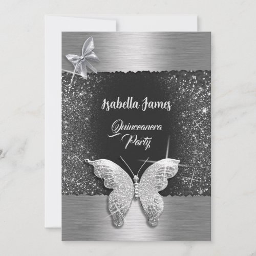 Quinceaera 15th birthday black silver foil chic invitation