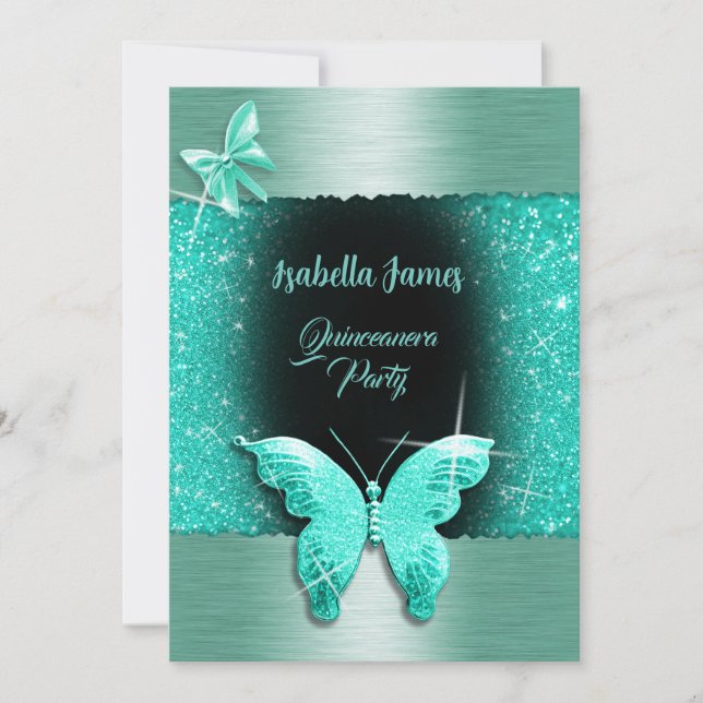 Quinceañera 15th birthday black turquoise foil  invitation (Front)