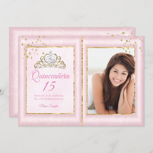 Quinceanera 15th Birthday Blush Pink Gold Photo Invitation (Front/Back)