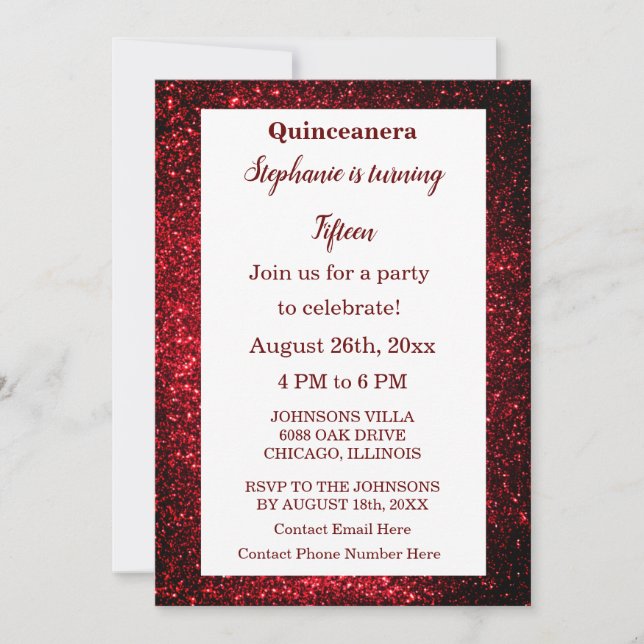 Quinceanera 15th Birthday Burgundy Red Glitter Invitation (Front)