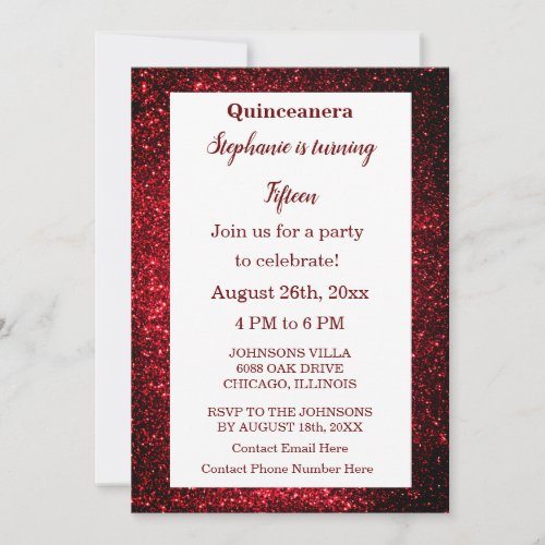 Quinceanera 15th Birthday Burgundy Red Glitter Invitation