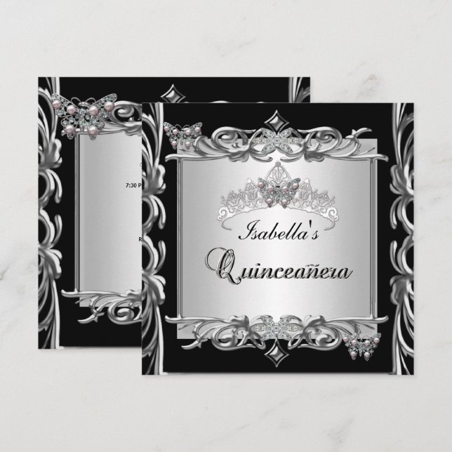 Quinceanera 15th Birthday Butterflies Silver Black Invitation (Front/Back)