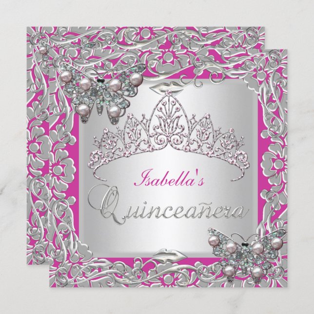 Quinceanera 15th Birthday Butterflies Silver Pink Invitation (Front/Back)
