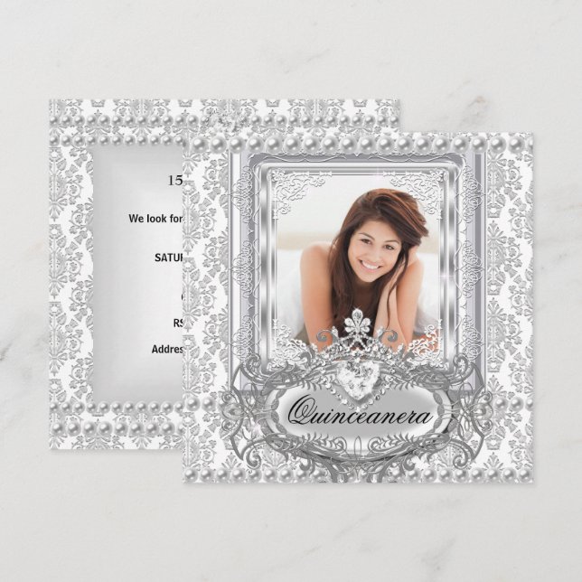Quinceanera 15th Birthday Damask Silver White Invitation (Front/Back)