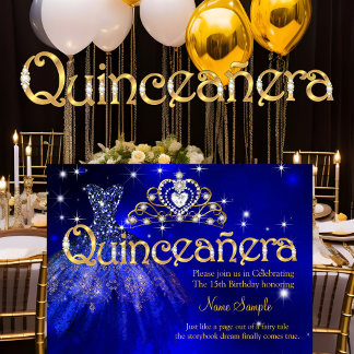 Quinceanera 15th Birthday Dark Blue Dress Tiara Invitation