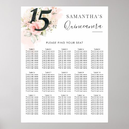Quinceanera 15th Birthday Floral Seating Chart