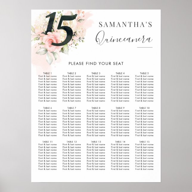 Quinceanera 15th Birthday Floral Seating Chart (Front)