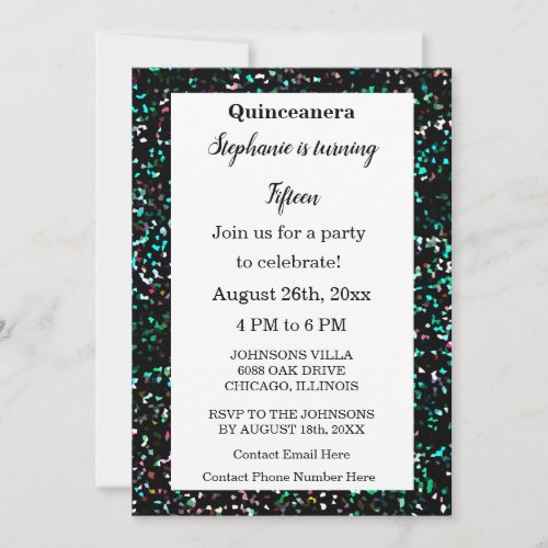 Quinceanera 15th Birthday Glitter Black Multicolor Invitation