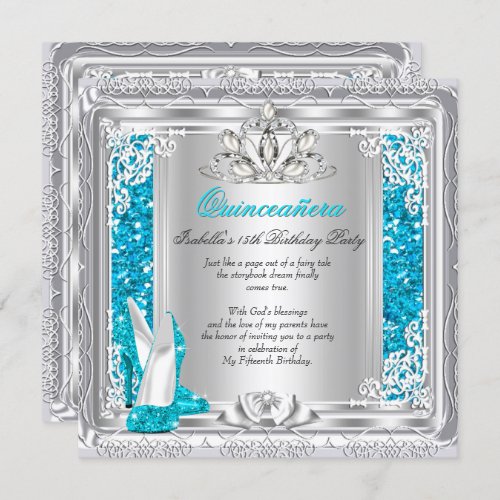 Quinceanera 15th Birthday Glitter Teal Shoes Invitation