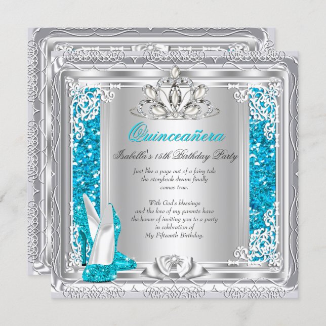 Quinceanera 15th Birthday Glitter Teal Shoes Invitation (Front/Back)
