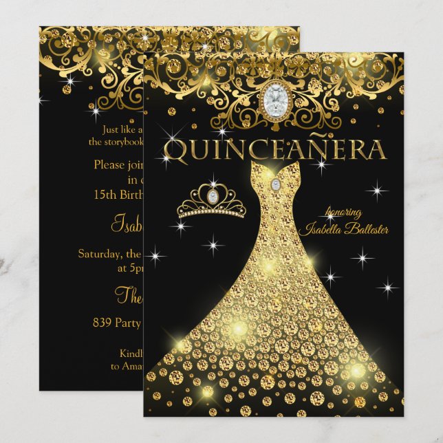 Quinceanera 15th Birthday Gold Black Tiara Invitation (Front/Back)