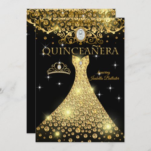 Quinceanera 15th Birthday Gold Black Tiara Invitation