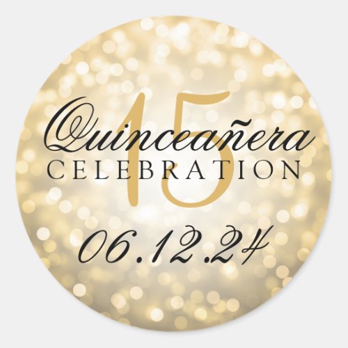 Quinceanera 15th Birthday Gold Bokeh Lights Classic Round Sticker