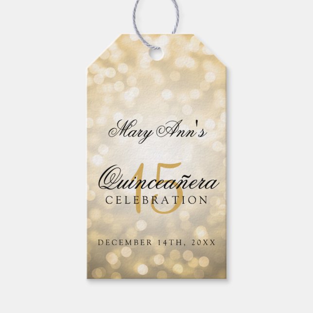 Quinceanera 15th Birthday Gold Bokeh Lights Gift Tags (Front)