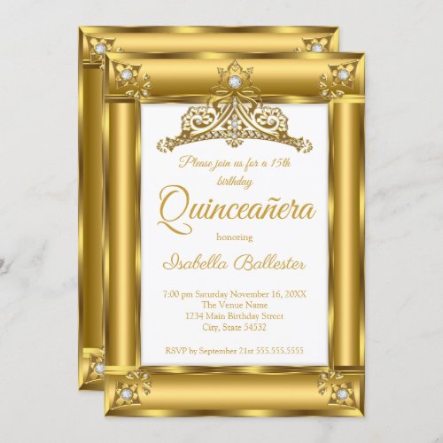 Quinceanera 15th Birthday Gold Diamond Tiara 2 Invitation