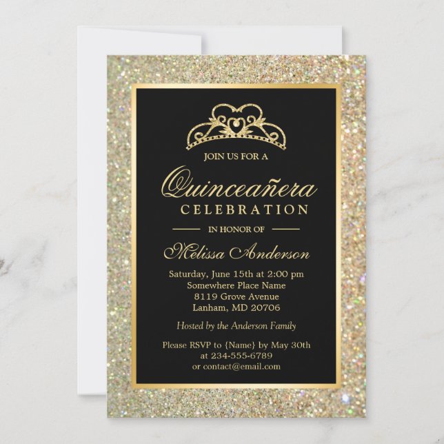 Quinceanera 15th Birthday Gold Glitter Sparkles Invitation (Front)