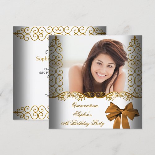 Quinceañera 15th Birthday Gold White Lace Photo Personalized Announcement