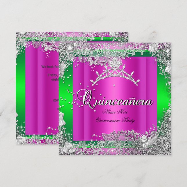 Quinceanera 15th Birthday Hot Pink Lime Tiara Invitation (Front/Back)