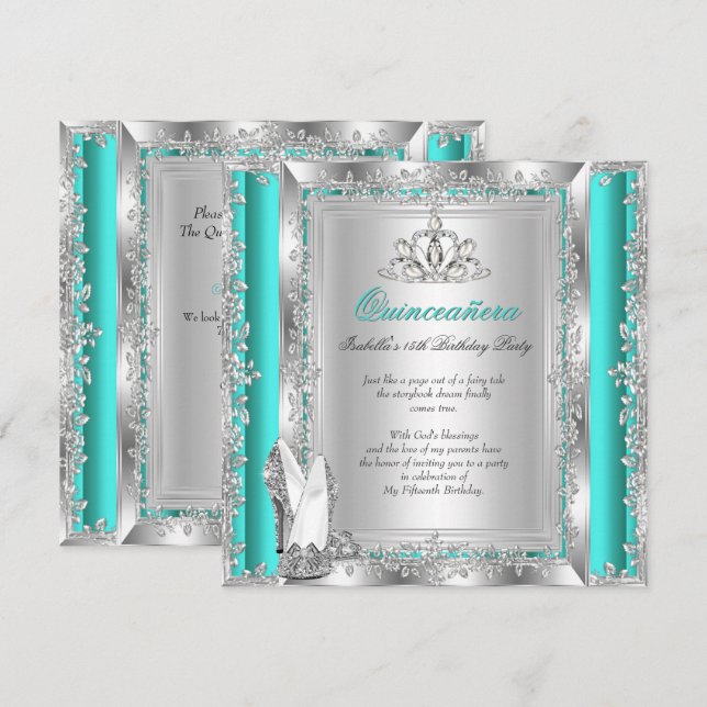Quinceanera 15th Birthday Jade Green Silver Shoes Invitation (Front/Back)