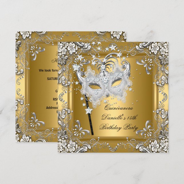 Quinceanera 15th Birthday Masquerade Mask Gold Invitation (Front/Back)