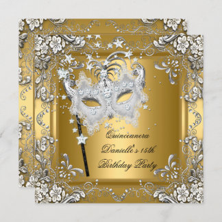 Quinceanera 15th Birthday Masquerade Mask Gold Invitation