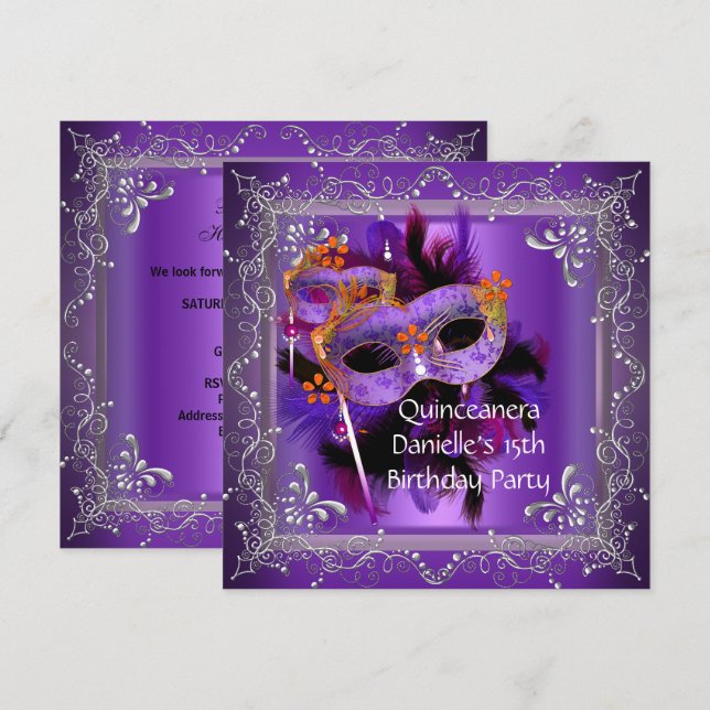 Quinceanera 15th Birthday Masquerade Mask Purple Invitation (Front/Back)