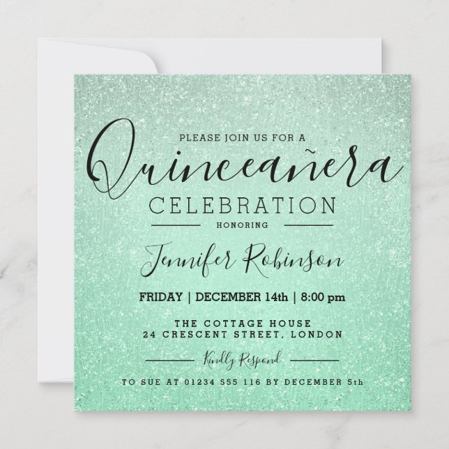 Quinceanera 15th Birthday Mint Glitter Look Paint Invitation (Front)