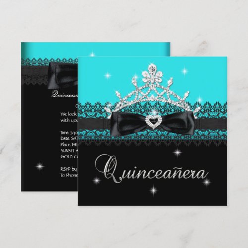 Quinceanera 15th Birthday Party Blue Black Lace Personalized Invitation