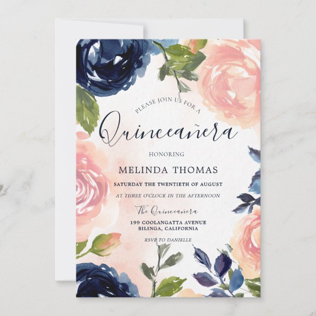 Quinceañera 15th Birthday Party Blush Navy Flowers Invitation (Front)
