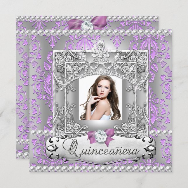 Quinceanera 15th Birthday Party Damask Lilac Invitation (Front/Back)