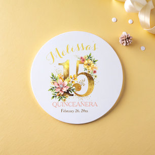 Quinceañera 15th Birthday Party Floral gold Classic Round Sticker
