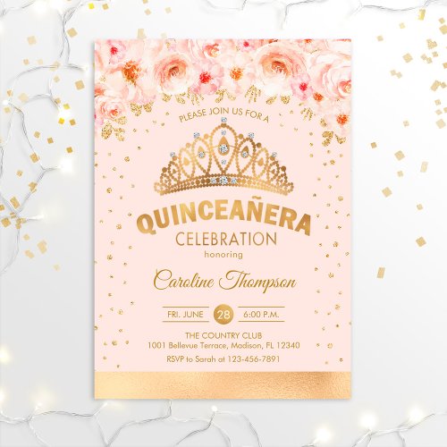 Quinceanera 15th Birthday Party _ Floral Gold Pink Invitation