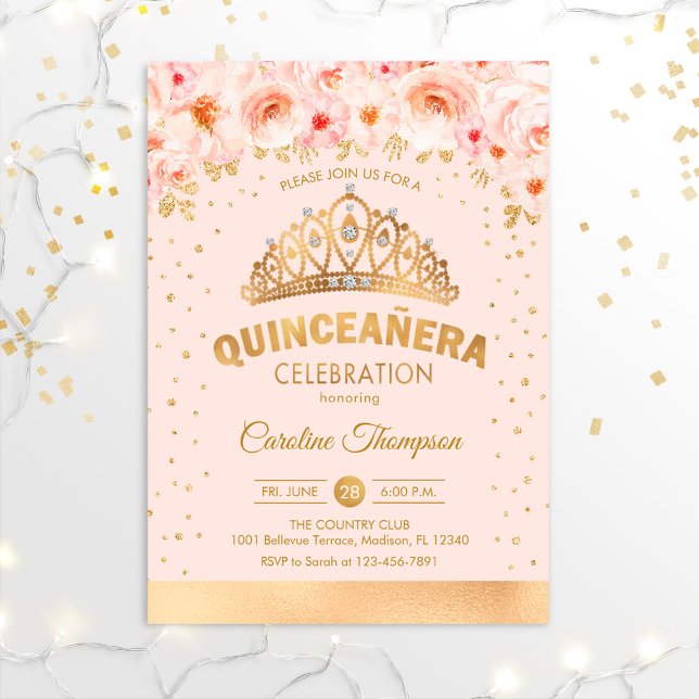 Quinceanera 15th Birthday Party - Floral Gold Pink Invitation (Creator Uploaded)