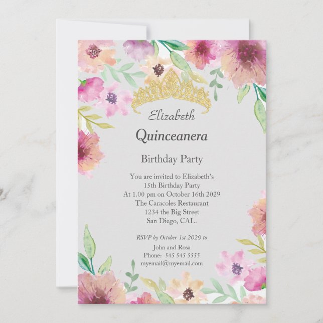 Quinceanera 15th Birthday Party Flowers Invitation (Front)