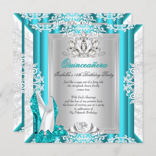 Quinceanera 15th Birthday Party Glitter Blue Shoes Invitation