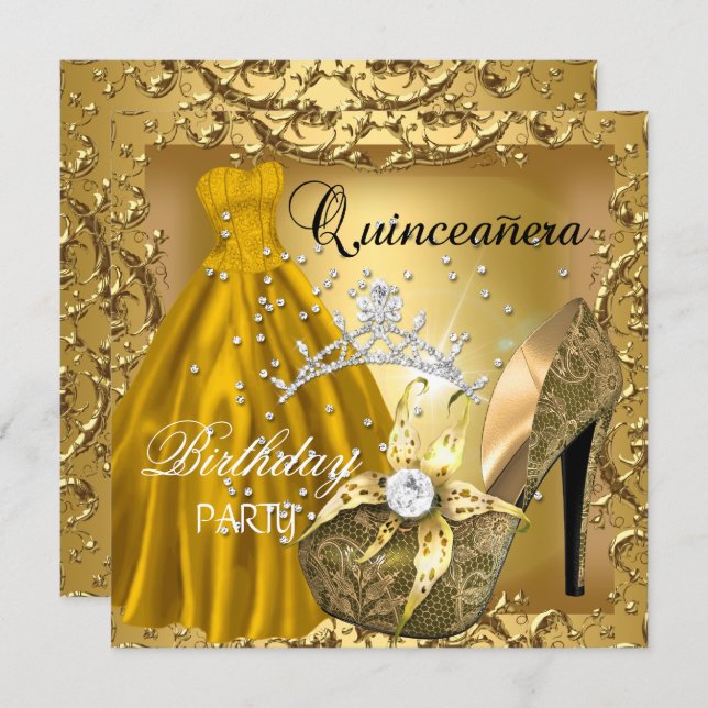 quinceanera 15th Birthday Party Gold Dress Tiara Invitation (Front/Back)