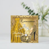 quinceanera 15th Birthday Party Gold Dress Tiara Invitation (Standing Front)