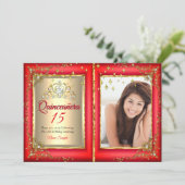 Quinceanera 15th Birthday Party Gold Red Photo Invitation (Standing Front)