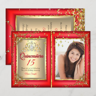 Quinceanera 15th Birthday Party Gold Red Photo Invitation