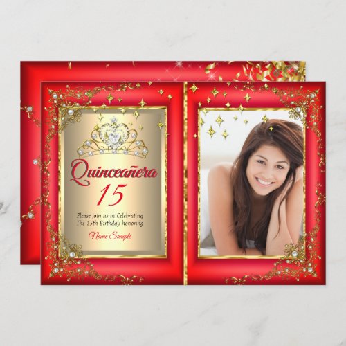 Quinceanera 15th Birthday Party Gold Red Photo Invitation