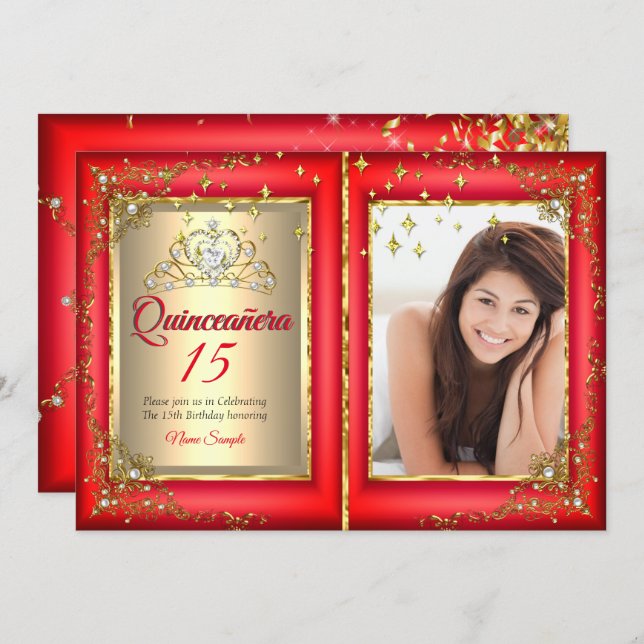 Quinceanera 15th Birthday Party Gold Red Photo Invitation (Front/Back)