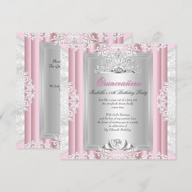 Quinceanera 15th Birthday Party Light Pink Lace Invitation (Front/Back)