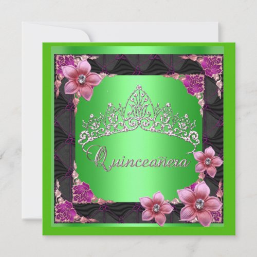 Quinceanera 15th Birthday Party lime Tiara Black Invitation