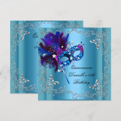 Quinceanera 15th Birthday Party Masquerade Blue Invite