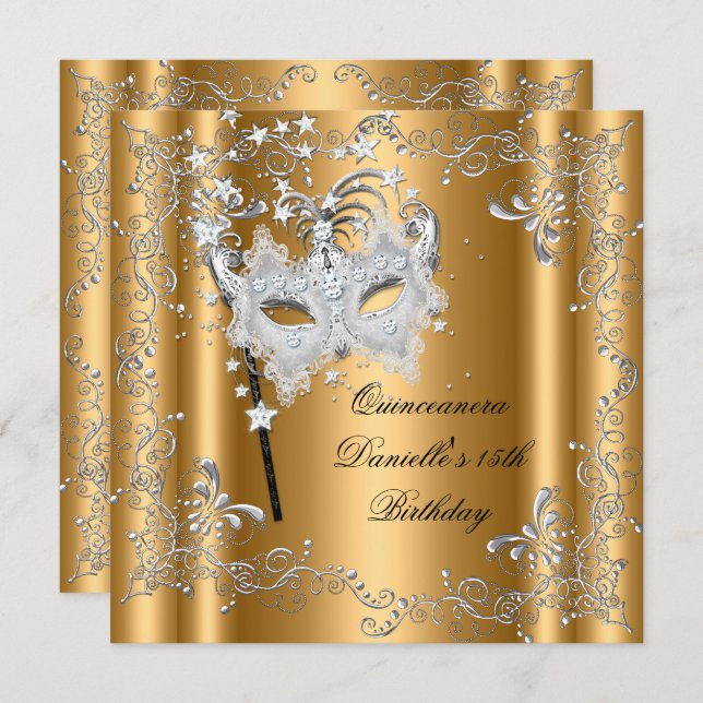 Quinceanera 15th Birthday Party Masquerade Gold Invitation (Front/Back)