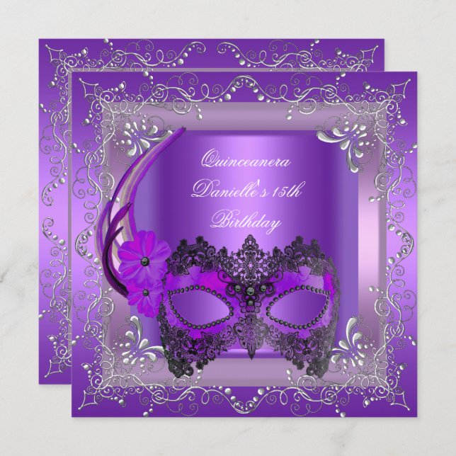Quinceanera 15th Birthday Party Masquerade Purple Invitation (Front/Back)