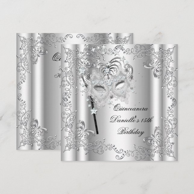 Quinceanera 15th Birthday Party Masquerade Silver Invitation (Front/Back)