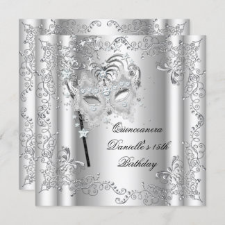 Quinceanera 15th Birthday Party Masquerade Silver Invitation